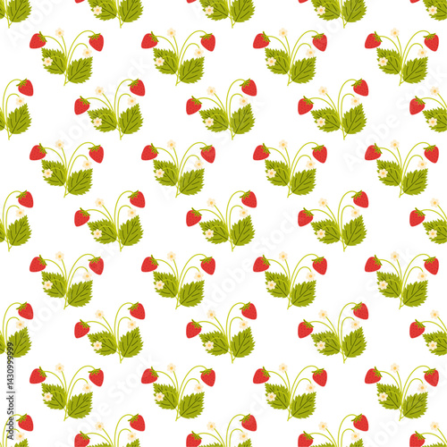 Obraz na płótnie Summer seamless pattern with a bush of ripe strawberries. Vector illustration. w salonie