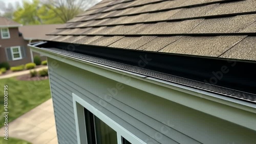 Detailed Perspective of a Residential Gutter System on a House Roof with a Brown Shingled Roof and a Black Gutter Guard for Debris Protection