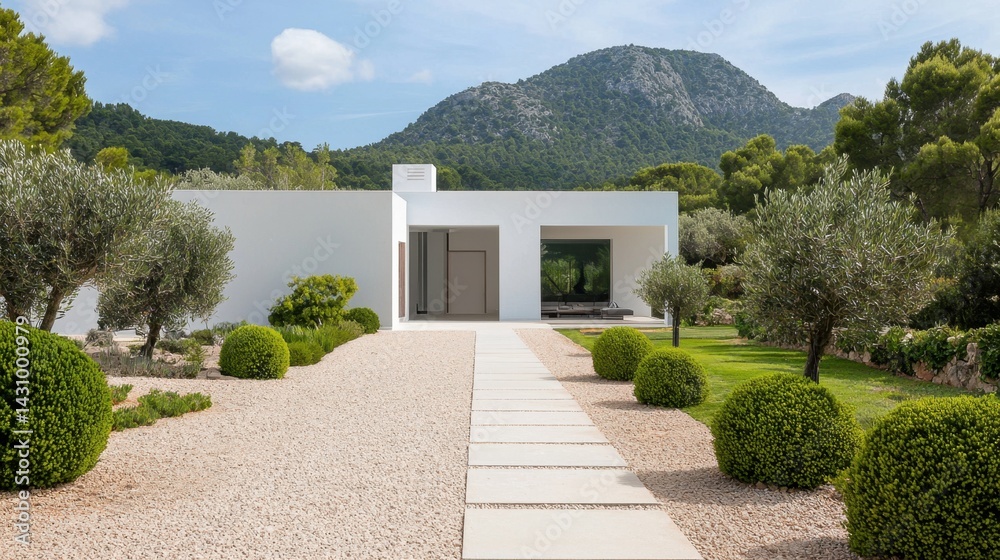 Fototapeta premium Garden with gravel paths and geometric bushes frames a white minimalist home