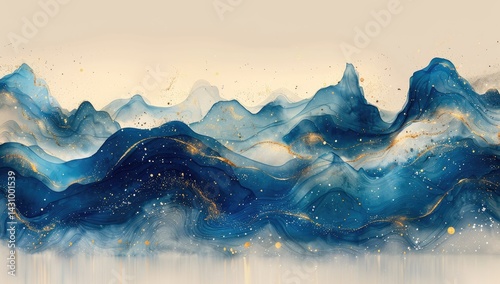 Abstract background with waves of liquid watercolor in blue and beige colors on cream background, beautiful abstraction. 