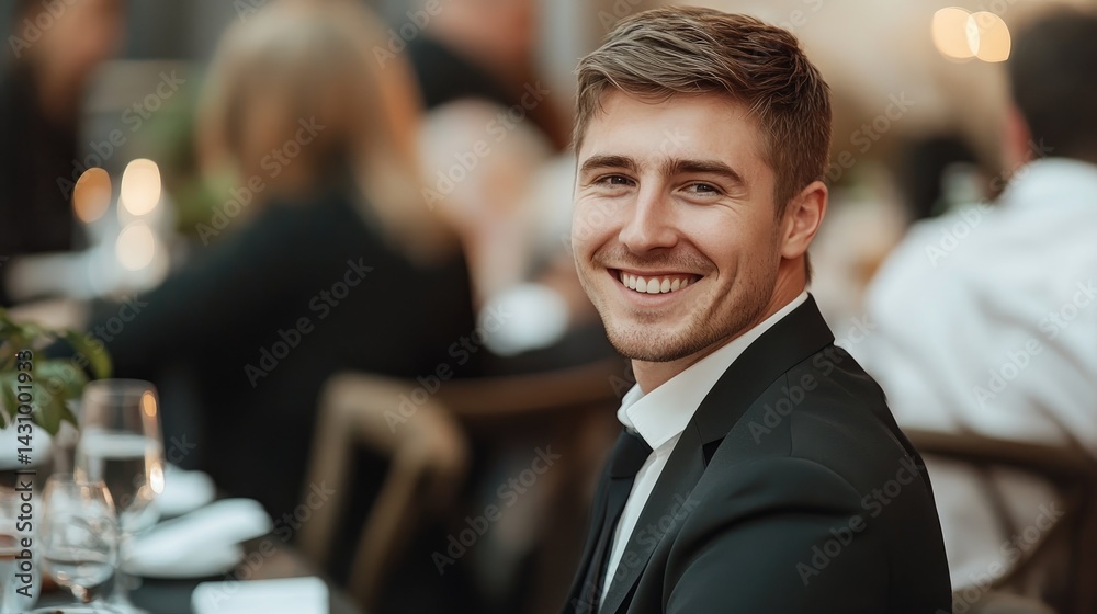 Obraz premium A confident young man in a light gray checkered suit and a turtleneck smiles at the camera while seated at a conference table.