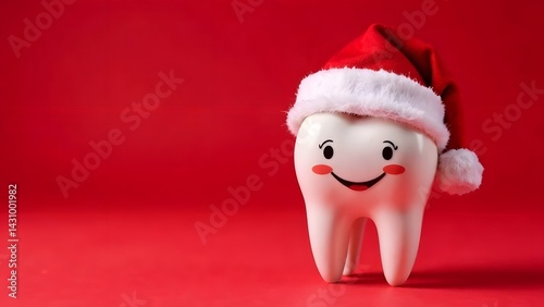 Festive tooth in red Santa hat on red background