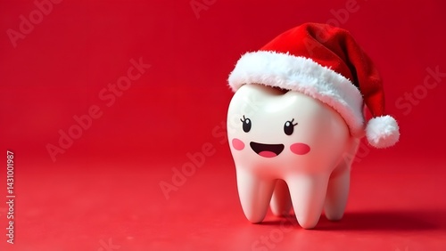 Festive tooth in red Santa hat on red background
