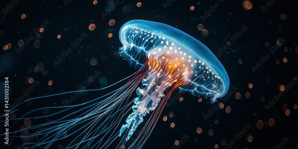 A glowing jellyfish floating in the dark ocean, its tentacles illuminated by bioluminescence A glowing jellyfish floating in the dark ocean, its tentacles illuminated by bioluminescence