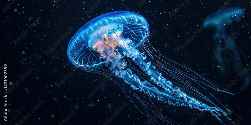 Fototapeta premium A glowing jellyfish floating in the dark ocean, its tentacles illuminated by bioluminescence