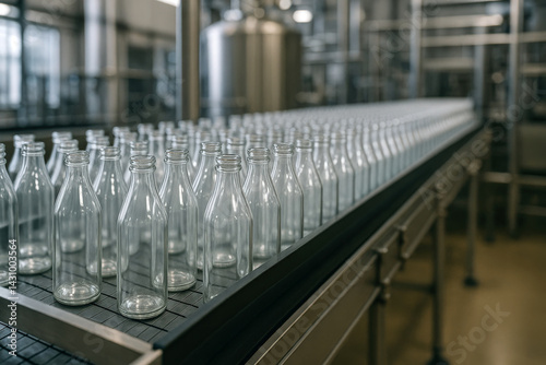 Clean empty glass bottles move along a conveyor system inside a modern bottling factory, ready for beverage filling.

 photo