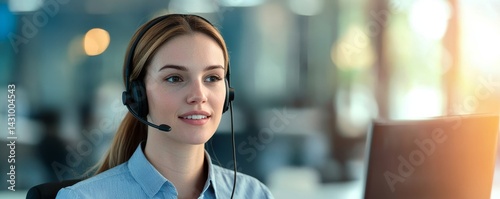 Professional woman in headset smiling at a computer screen.