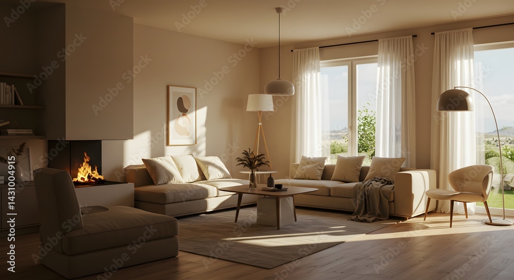 Fototapeta premium Living Room with Fireplace, Sofa and Decor