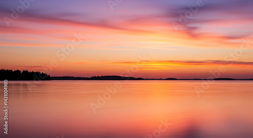 Serene Sunset over Calm Lake Waters  Perfect background for travel and nature projects evoking tranquility