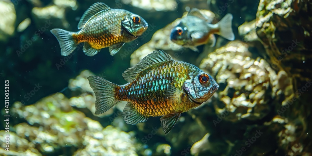 A group of exotic fish darting through transparent waters, their scales shimmering under the sun A group of exotic fish darting through transparent waters, their scales shimmering under the sun