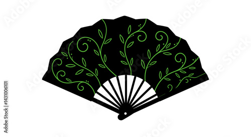Not bad ikon. Author's concept. Hand fan with green vine pattern on transparent background