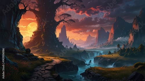Fantasy sunset landscape, mountains, river, path, tree, game background