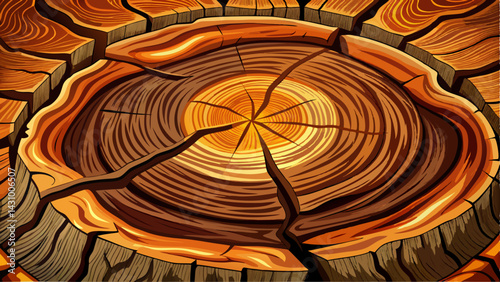 Old wooden oak tree cut surface. Detailed warm dark brown and orange tones of a felled tree trunk or stump. Rough organic texture of tree rings with close up of end 