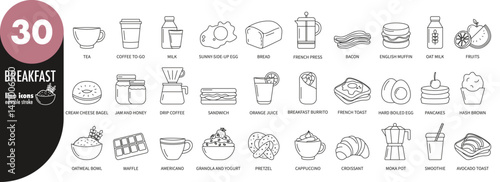 Breakfast food editable stroke thin line icons set. Egg, bread, toast, burrito, coffee, tea, milk, fruits, oatmeal, granola, croissant, waffle, avocado, juice, pancakes, jam, vector illustration