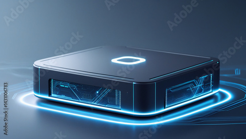 Futuristic square device with neon blue accents and circuit board details