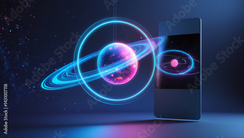 Glowing planet with rings projected from a mobile phone in space