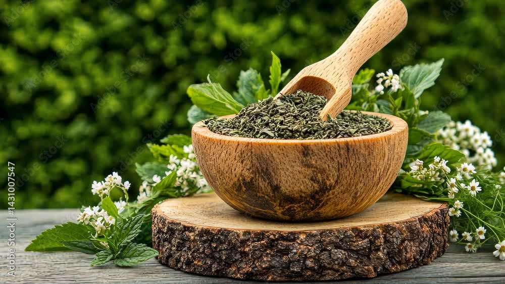 A bowl filled with fresh mint leaves and herbs, set against a vibrant green natural background, symbolizing fresh ingredients and wellness.