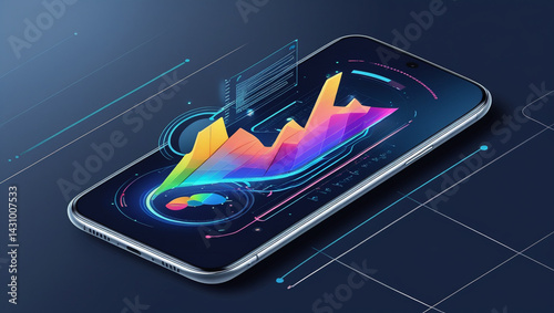 Smartphone displaying colorful business data charts and futuristic interface design visualizing growth