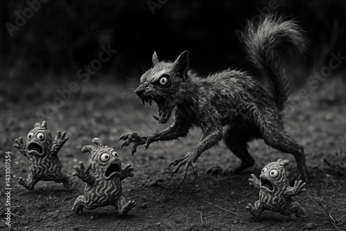 Monochrome horror scene: An evil, demonic-looking squirrel aggressively chases three small, terrified fictional creatures running for their lives.