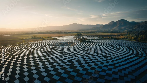 Circular arrangement of solar panels in a vast field at dusk. Complex mountain range, soft sunlight.