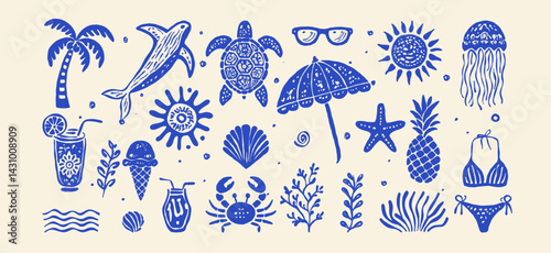 Hand-drawn tropical summer vector set with dolphin, sea turtle, jellyfish, crab, pineapple, cocktail, sun, swimsuit, ice cream, palm tree, coral  umbrella. Perfect for beach design, vacation or surf