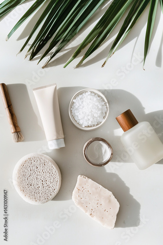 Skin care organic cosmetics and palm leaf on a white background