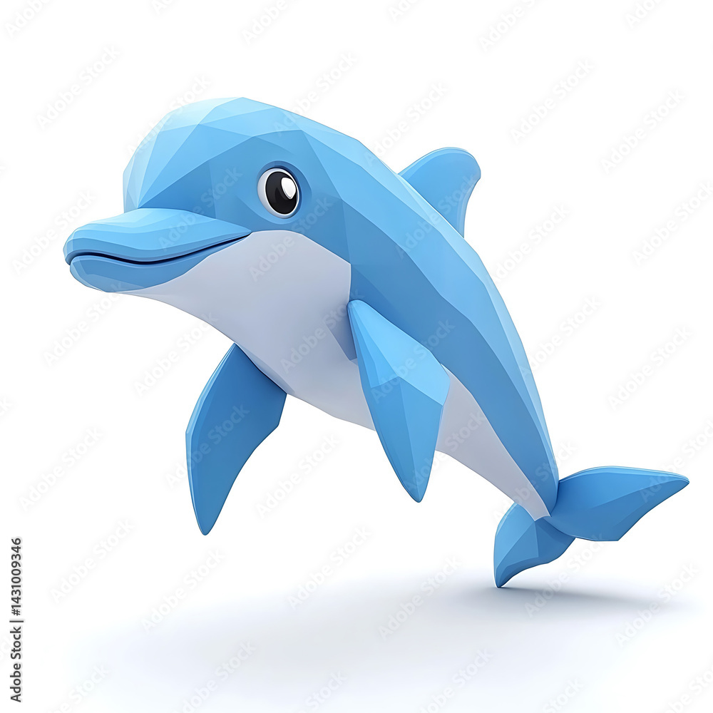 Obraz premium A light blue polygonal dolphin depicted as a stylized low-poly figure is positioned against a white background with a soft shadow.