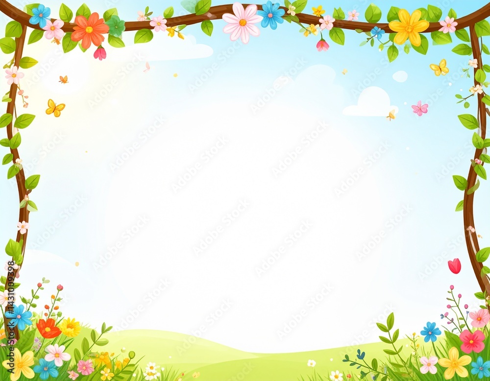 Obraz premium Illustration with flowers creating a border. Flower frame with space for text. Wedding, spring, Valentine's Day, birthday background