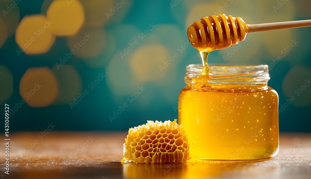 Photo of a jar with honey and honeycomb on the table, a wooden spoon dripping yellow liquid from above. Photo of a jar with honey and honeycomb on the table, a wooden spoon dripping yellow liquid from above.
