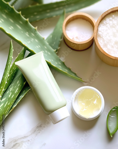 Skin Care. Aloe Vera gel, cream, salt and Aloe Vera leaves.