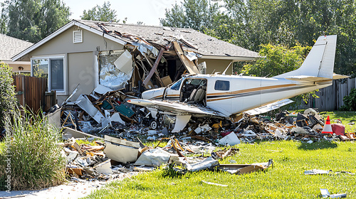 Small plane crashed into a house causing significant damage to the home's facade and scattering debris across the lawn.