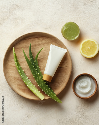 Skin Care. Aloe Vera gel, cream, lemon and Aloe Vera leaves.