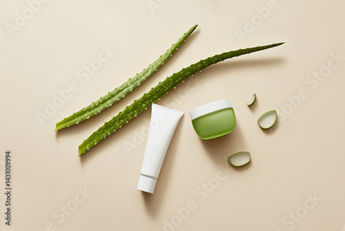 Skin Care. Aloe Vera Gel, Cream and Aloe Vera Leaves.