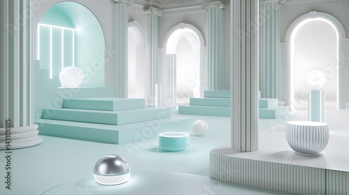 Architectural Minimalist Scene with Pastel Tones and Geometric Elements