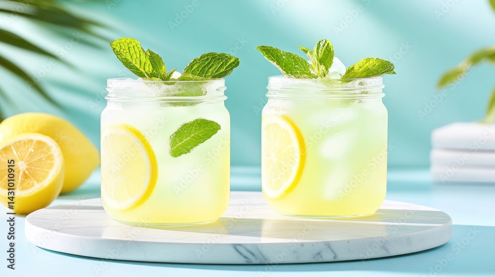 Fototapeta premium Refreshing Lemonade Drinks With Mint Garnish