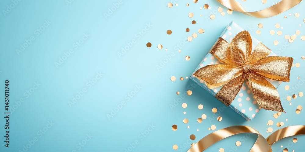 A Blue Gift Box With Gold Bow And Confetti A Blue Gift Box With Gold Bow And Confetti