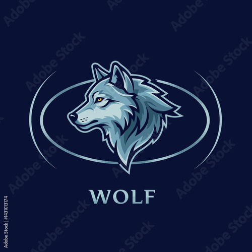 Wolf head logo design with circular lines on dark blue background for branding purposes