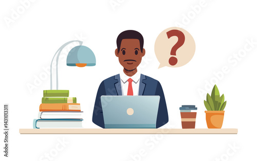 Contemplation, doubt or unsure, curiosity thinking to solve problem, question in the head, uncertainty or confusion, decision concept, businessman thinking on computer laptop with doubt question mark.