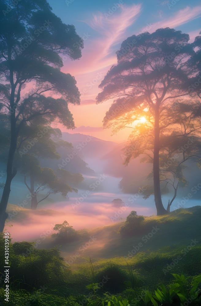 Fototapeta premium Fiery orange sunlight paints a breathtaking landscape of mountains, forest, and river during the evening sunset, the sky ablaze with clouds and reflections on the water