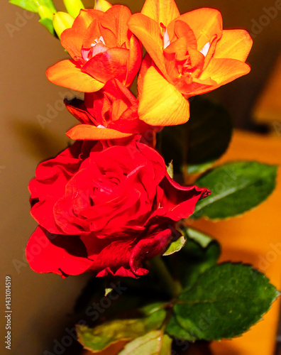 Vibrant Bouquet of Red Roses and Orange Flowers