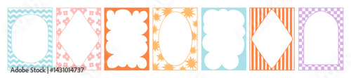 Cute retro groovy frame set, vector hand drawn invitation aesthetic border, holiday wavy design. Minimal flower star decoration shape, abstract modern social media funky banner. Cute stripe frame kit