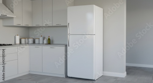 AI image integrates a standard white refrigerator seamlessly into a contemporary kitchen corner with white cabinets, grey countertops, and matching walls. photo
