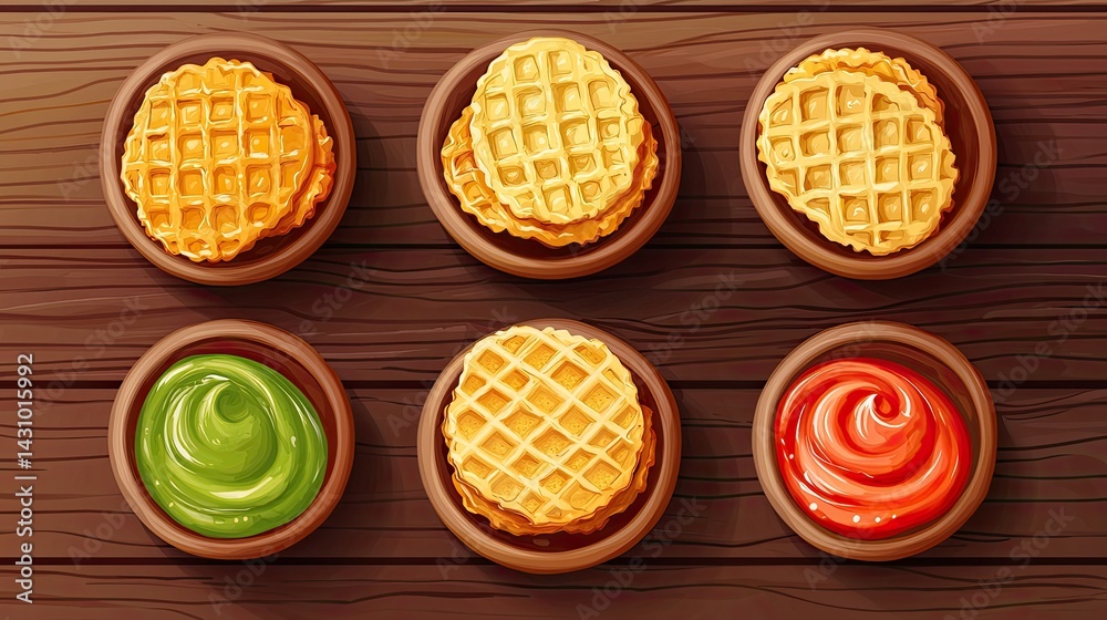Fototapeta premium Colorful waffle treats displayed in small bowls over a wooden surface.