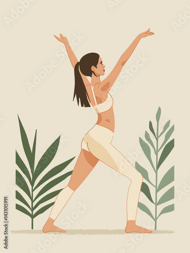 Athlete performs a graceful standing stretch against a minimalist backdrop with elegant plant silhouettes.