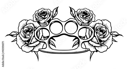 Brass knuckles roses tattoo black white representing conflict love duality