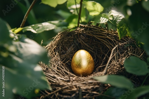 Nest Nestled Among Lush Greenery With a Golden Egg Symbolizing the Blend of Nature and Value in a Tranquil Setting Generative AI