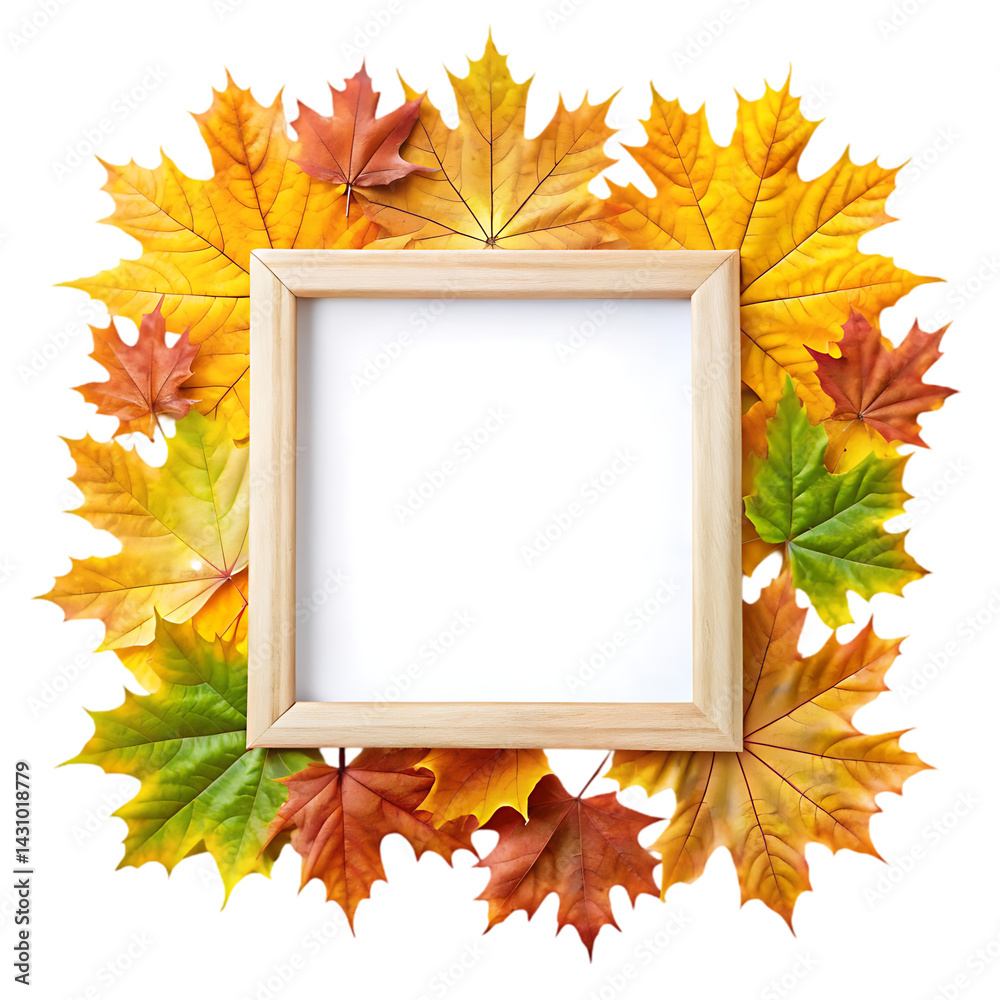 Autumn Leaves Frame: Fall Background with Blank Wooden Square