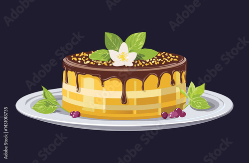 Chocolate Cake with Flower Topping - Vector Illustration
