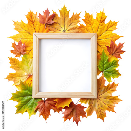 Autumn Leaves Frame: Fall Background with Blank Wooden Square