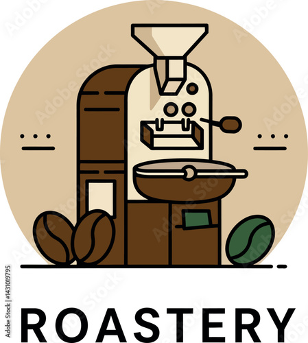 Coffee roastery logo design with roasting machine and coffee beans in brown tones 